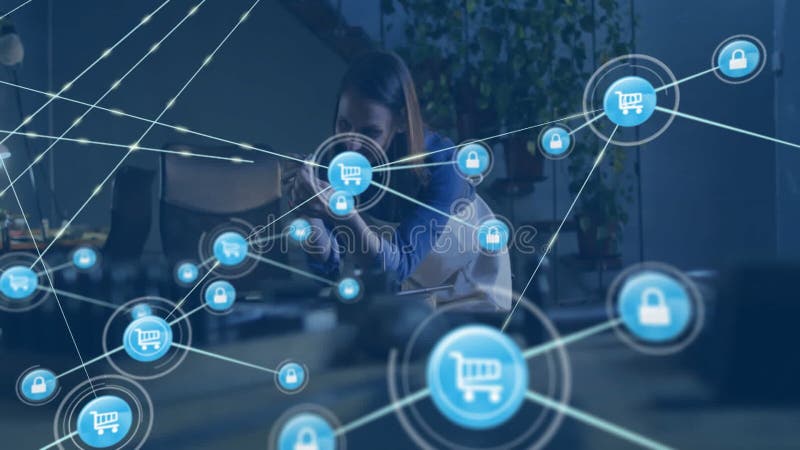 Mujer inclinada sobre el dispositivo de ajuste del banco de trabajo en el taller mostrando iconos de seguridad de IoT libre illustration