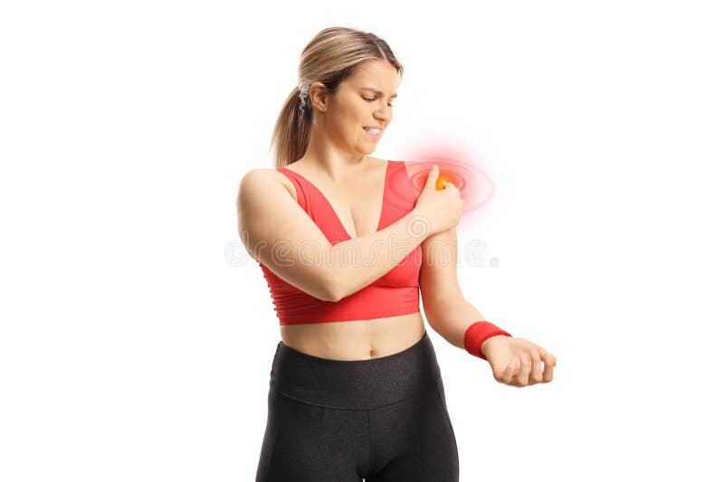 Mujer joven con dolor en el hombro imagenes de archivo