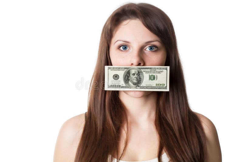 Mujer joven con el billete de dólar 100 en sus labios fotos de archivo Mujer joven con el billete de dólar 100 en sus labios fotos de archivo