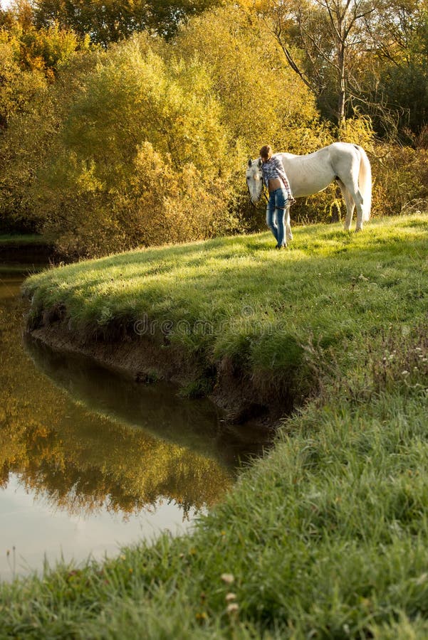 Mujer joven con el caballo en el lago fotos de archivo libres de regalías Mujer joven con el caballo en el lago fotos de archivo libres de regalías