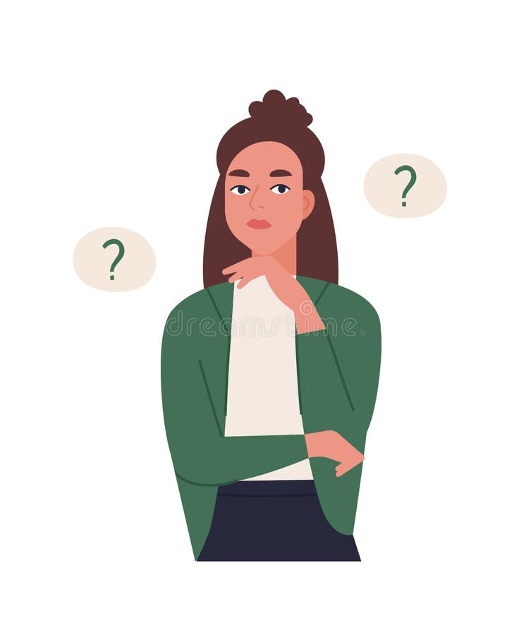 Mujer joven curiosa que soluciona problema Muchacha pensativa o de pensamiento rodeada por los globos del pensamiento con los pun libre illustration Mujer joven curiosa que soluciona problema Muchacha pensativa o de pensamiento rodeada por los globos del pensamiento con los pun libre illustration