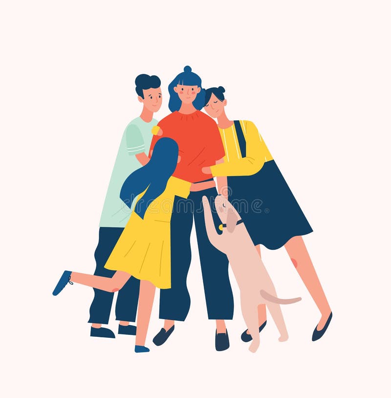 Mujer joven de alrededor y abrazando del grupo de personas y del perro o de abarcamiento Ayuda, cuidado, amor y aceptación del ` stock de ilustración Mujer joven de alrededor y abrazando del grupo de personas y del perro o de abarcamiento Ayuda, cuidado, amor y aceptación del ` stock de ilustración