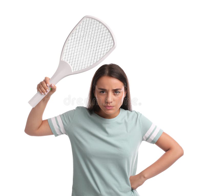 Mujer Joven De Fondo Blanco Con Un Matamoscas Eléctrico. Asesino De  Insectos Foto de archivo - Imagen de cargado, mosca: 227724290