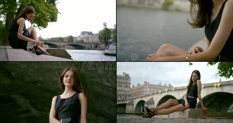 Mujer joven en la ciudad europea viajando sola descansando cerca del río en collage de los días del viento