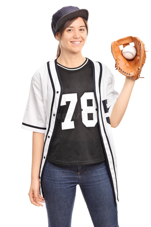 Mujer Joven En Un Jersey Que Lleva a Cabo Un Béisbol Imagen de archivo -  Imagen de aislado, vertical: 56942287