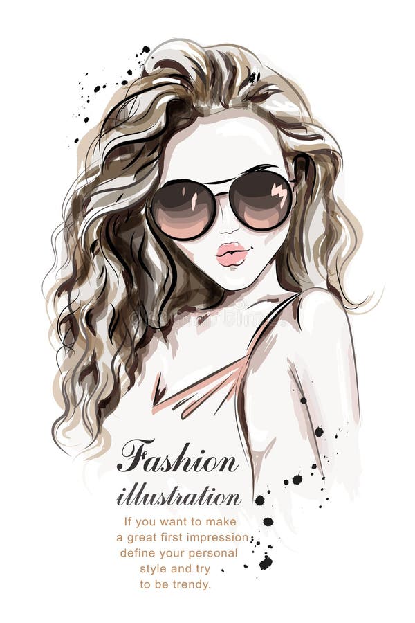 Mujer joven hermosa con el pelo largo Muchacha dibujada mano elegante en gafas de sol