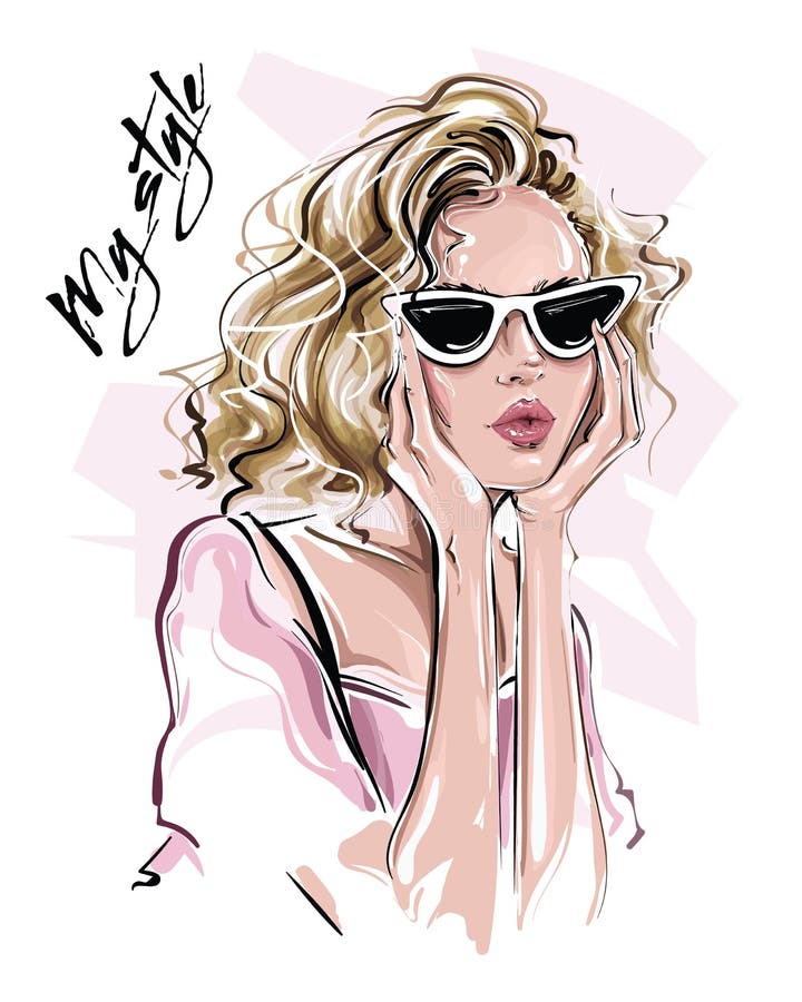 Mujer joven hermosa dibujada mano en gafas de sol Muchacha elegante del pelo rubio Mirada de la mujer de la moda bosquejo libre illustration