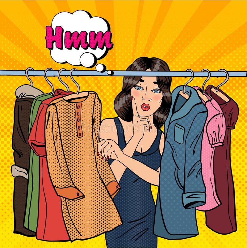 Mujer joven hermosa que elige la ropa en su guardarropa Arte pop Vector stock de ilustración