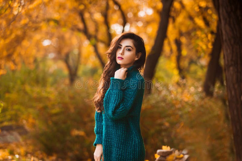 Mujer joven hermosa Retrato al aire libre dramático del otoño de la hembra morena sensual con el pelo largo Muchacha triste y ser fotografía de archivo libre de regalías Mujer joven hermosa Retrato al aire libre dramático del otoño de la hembra morena sensual con el pelo largo Muchacha triste y ser fotografía de archivo libre de regalías