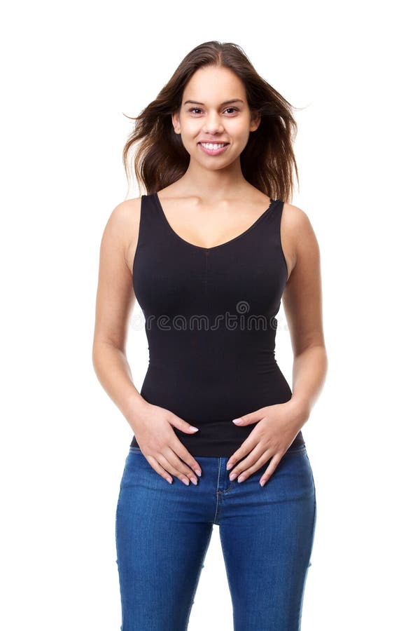 Mujer joven linda en la sonrisa de la ropa casual imagen de archivo libre de regalías Mujer joven linda en la sonrisa de la ropa casual imagen de archivo libre de regalías