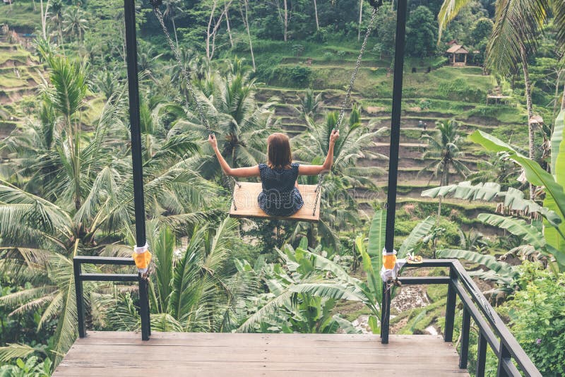 Mujer joven que balancea en la selva tropical de la selva de la isla de Bali, Indonesia Oscilación en las zonas tropicales fotografía de archivo libre de regalías Mujer joven que balancea en la selva tropical de la selva de la isla de Bali, Indonesia Oscilación en las zonas tropicales fotografía de archivo libre de regalías