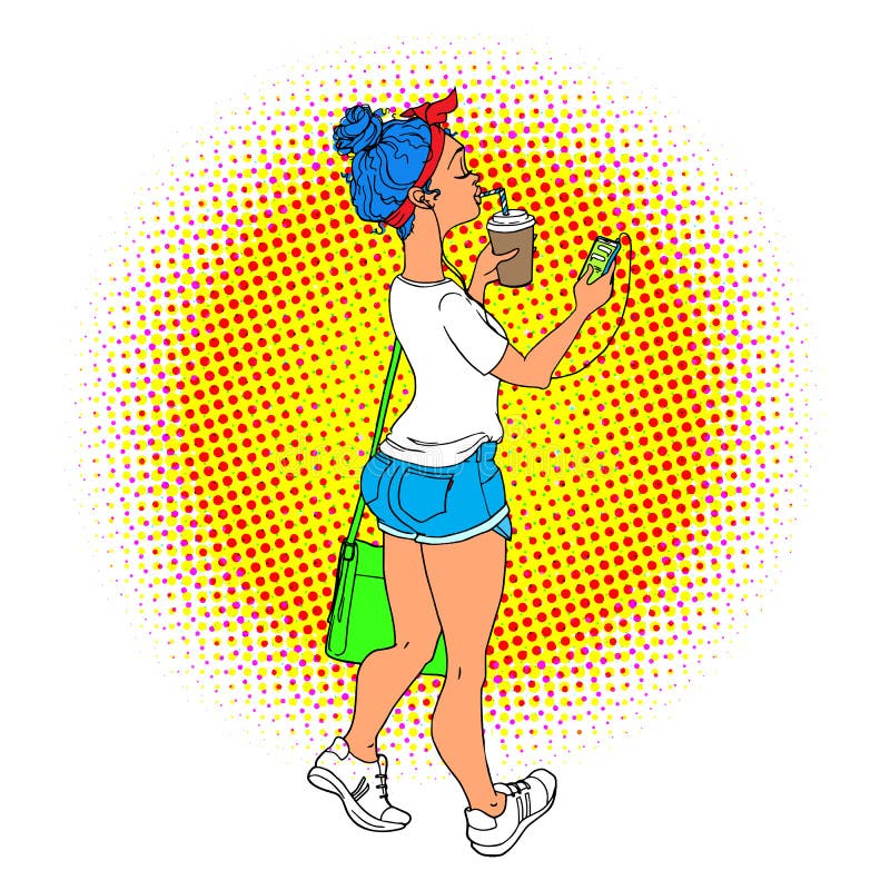 Mujer joven que camina con el teléfono en vecto retro del arte pop de los auriculares ilustración del vector Mujer joven que camina con el teléfono en vecto retro del arte pop de los auriculares ilustración del vector