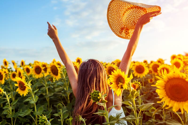 Mujer joven que camina en el campo floreciente del girasol que aumenta las manos, saltando y divirtiéndose Vacaciones de verano fotos de archivo libres de regalías Mujer joven que camina en el campo floreciente del girasol que aumenta las manos, saltando y divirtiéndose Vacaciones de verano fotos de archivo libres de regalías