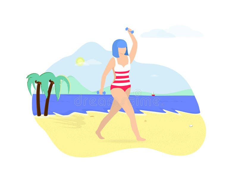Mujer joven que ejercita con pesas de gimnasia en la playa ilustración del vector Mujer joven que ejercita con pesas de gimnasia en la playa ilustración del vector