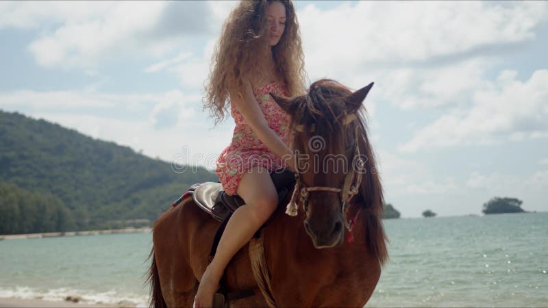 Mujer libre y segura montando caballo a orillas del mar metrajes