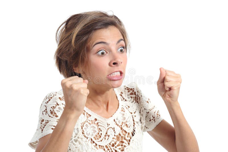 Angry crazy woman with rage expression isolated on a white background. Angry crazy woman with rage expression isolated on a white background