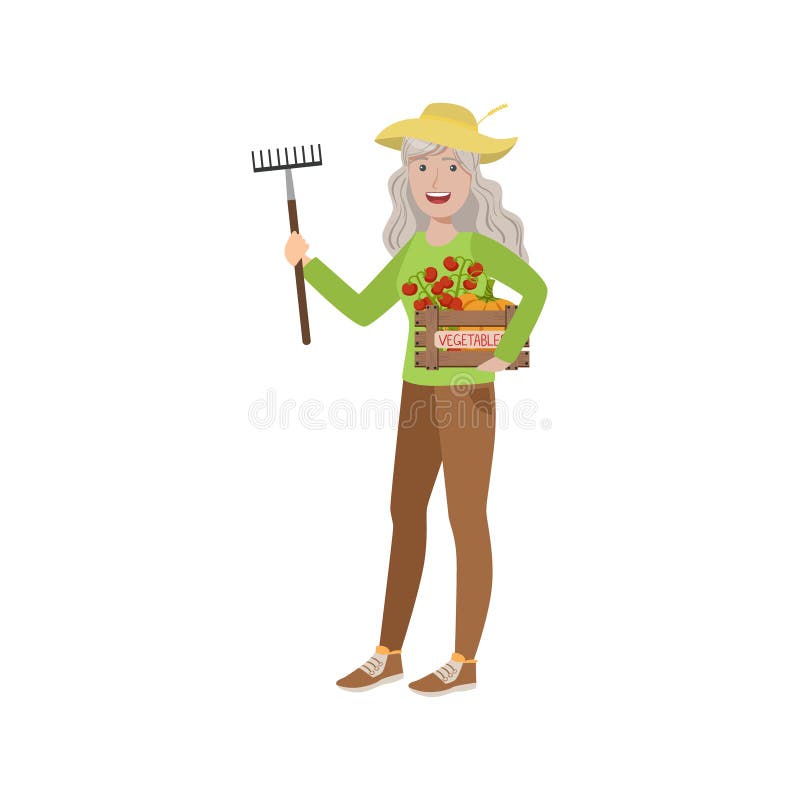 Mujer mayor con el rastrillo y el cajón de verduras stock de ilustración Mujer mayor con el rastrillo y el cajón de verduras stock de ilustración