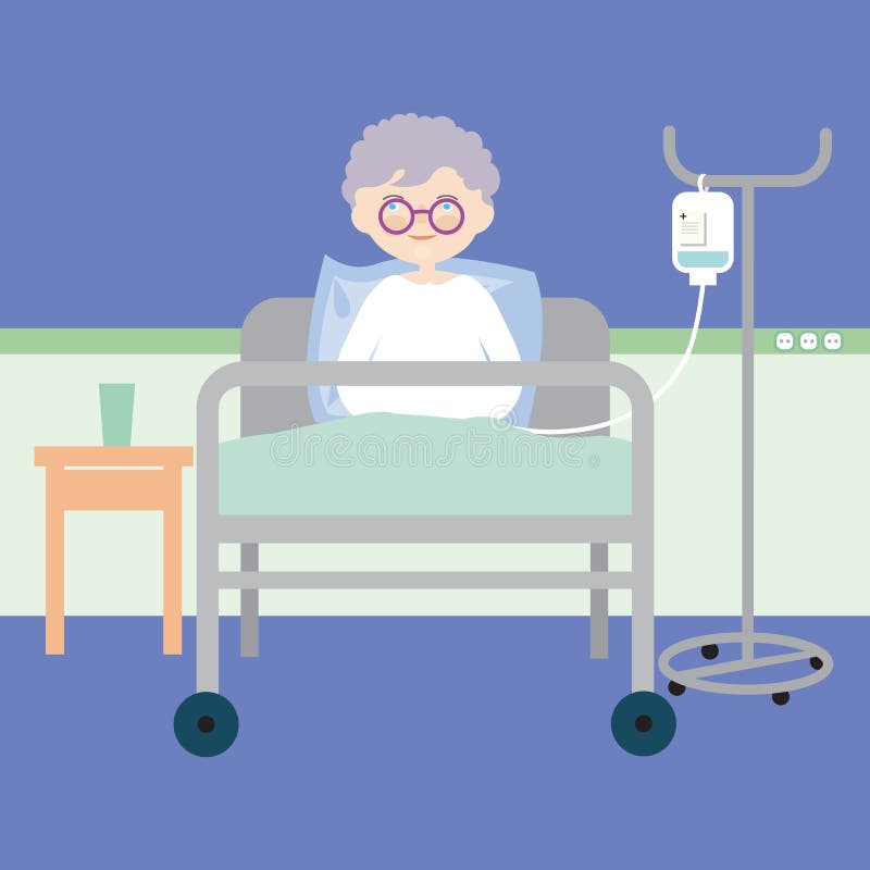 Mujer mayor que miente en cama en el hospital y que tiene una inyección intravenosa o una nutrición artificial, vector stock de ilustración