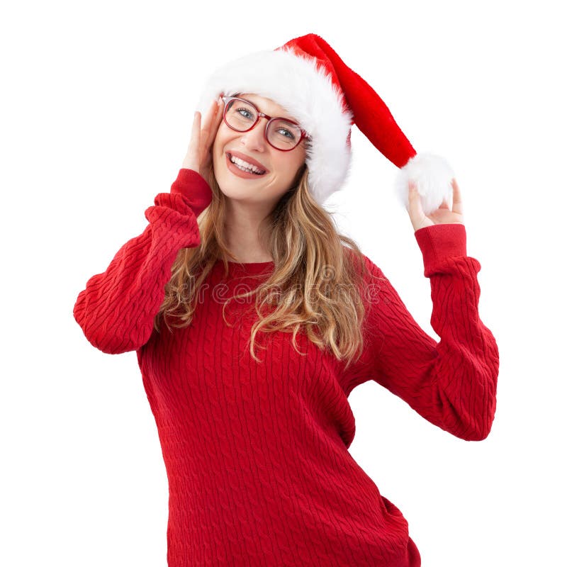 Mujer navideña sonriente usa lentes rojos y sombrero de santa. aislado en un fondo blanco para las ventas y ofertas de eyewear fotografía de archivo