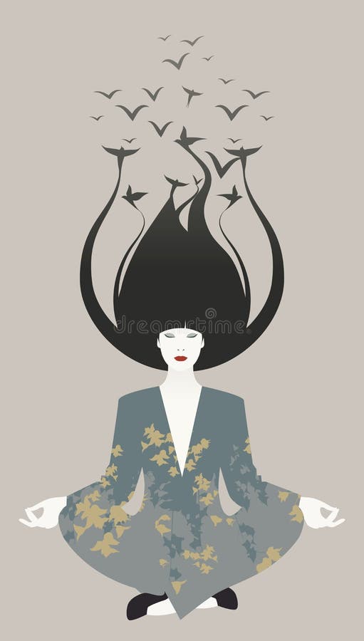 Mujer oriental joven hermosa que hace yoga Pájaros en su pelo stock de ilustración Mujer oriental joven hermosa que hace yoga Pájaros en su pelo stock de ilustración