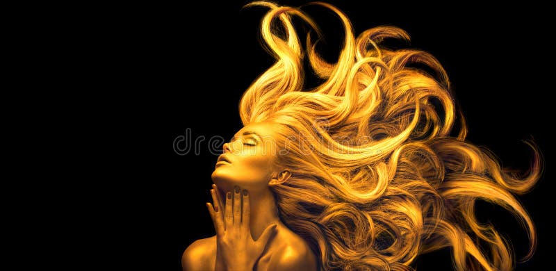 Mujer Oro Mujer modélica de belleza con maquillaje dorado, pelo largo sobre fondo negro Piel dorada resplandeciente y pelo reluci