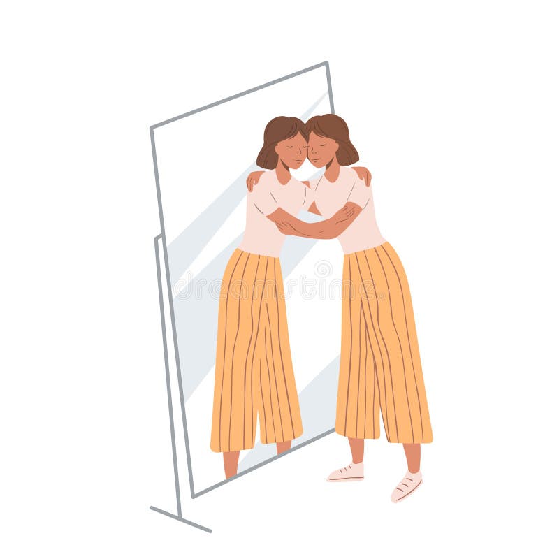 Mujer parada cerca del espejo y abrazando su propio reflejo. concepto de autoamor y autoaceptación. niña y ella