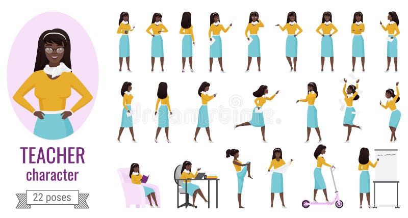 Mujer Profesora Posa Ambientada Con Personaje Femenino De Dibujos Animados  Ilustración del Vector - Ilustración de afro, aislado: 203230525