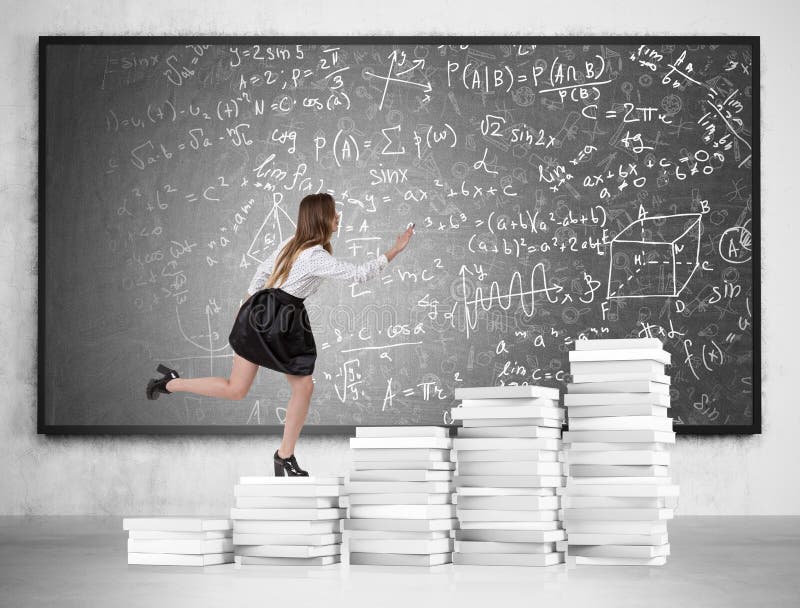 Woman in office clothes running up the stairs made of paper stacks with blackboard in the background. Concept of career ladder in science. Mock up. Woman in office clothes running up the stairs made of paper stacks with blackboard in the background. Concept of career ladder in science. Mock up