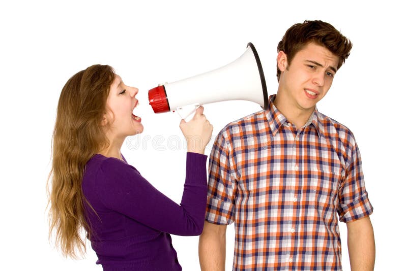 Woman shouting at man through megaphone. Woman shouting at man through megaphone