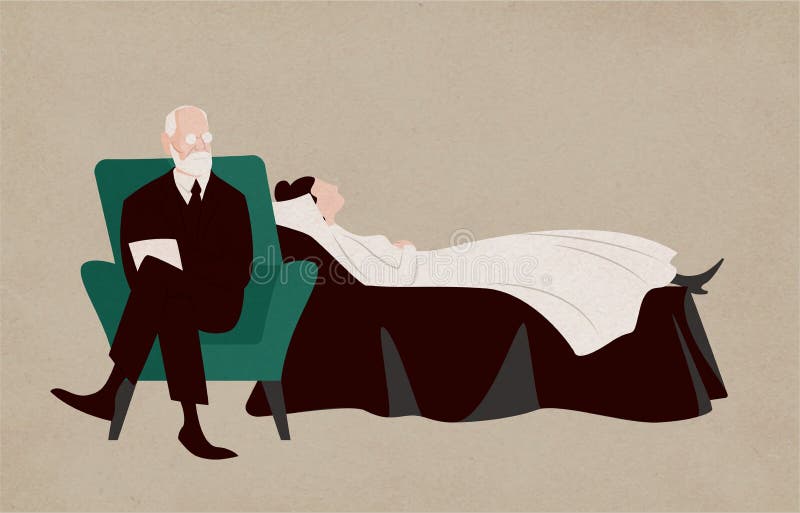 Mujer que miente en el sofá y Sigmund Freud que se sientan en butaca al lado de su y que hacen preguntas Diálogo entre el pacient ilustración del vector