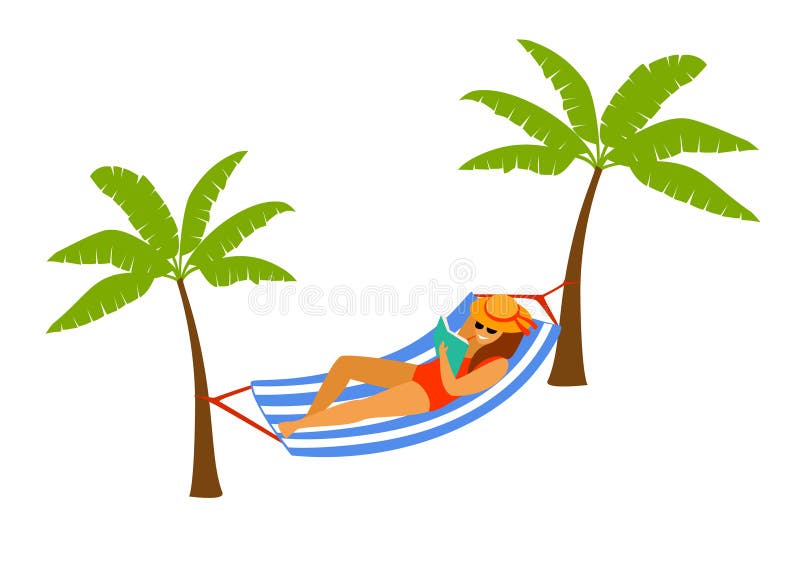 Mujer que miente en hamaca en la playa, leyendo un libro, relajándose ilustración del vector