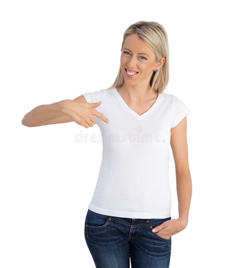 Mujer Que Señala a Su Camisa Blanca Del Cuello En V Imagen de - Imagen de anuncio, aislado: 47624199