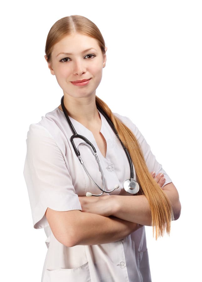 Mujer rubia sonriente hermosa joven en el ingenio blanco del delantal del ` s del doctor imagenes de archivo Mujer rubia sonriente hermosa joven en el ingenio blanco del delantal del ` s del doctor imagenes de archivo