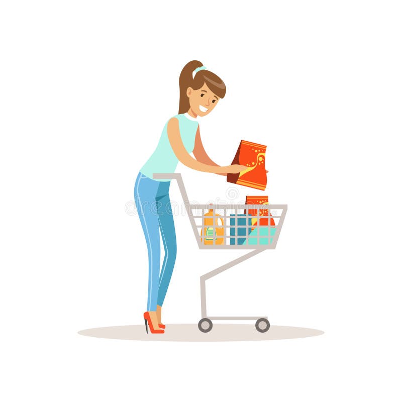 Mujer sonriente con el carro de la compra, haciendo compras en el colmado, el supermercado o la tienda al por menor, vector color ilustración del vector Mujer sonriente con el carro de la compra, haciendo compras en el colmado, el supermercado o la tienda al por menor, vector color ilustración del vector
