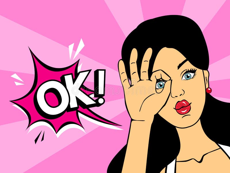 Mujer sonriente del arte pop que dice MUY BIEN con la burbuja del discurso ilustración del vector Mujer sonriente del arte pop que dice MUY BIEN con la burbuja del discurso ilustración del vector