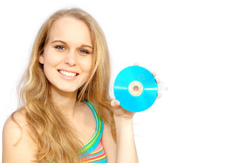 Mujer sonriente feliz, disco CD fotografía de archivo Mujer sonriente feliz, disco CD fotografía de archivo