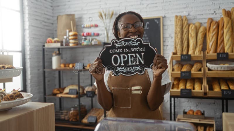 Mujer sonriente sosteniendo un cartel abierto en una panadería rodeada de bollería interior foto de archivo libre de regalías