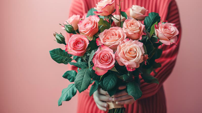 Mujer sostiene un ramo de rosas rosas rosas foto de archivo libre de regalías