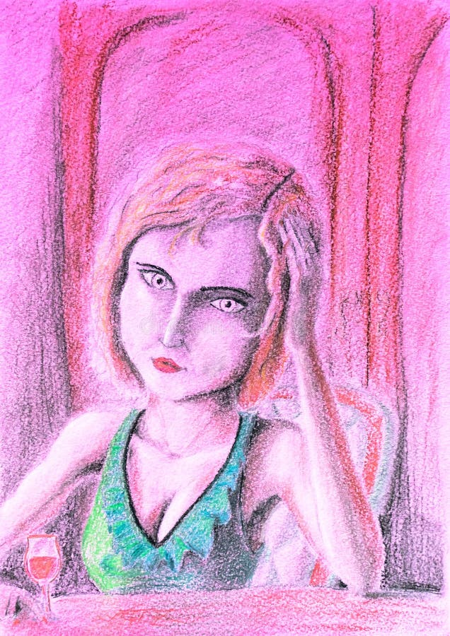 Mujer triste en la tabla que sostiene una copa de vino Consumición del dibujo de la depresión con los lápices stock de ilustración Mujer triste en la tabla que sostiene una copa de vino Consumición del dibujo de la depresión con los lápices stock de ilustración