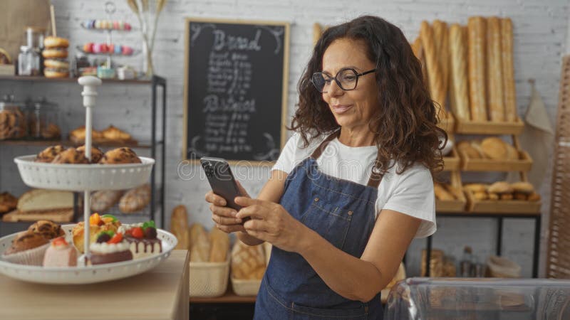 Mujer usando un smartphone en una panadería con pan y pasteles expuestos en los estantes detrás de ella imágenes de archivo libres de regalías