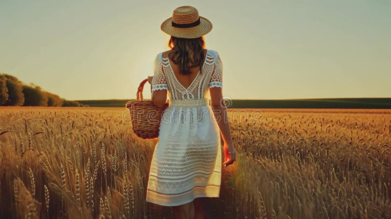 Mujer vestida con una cesta caminando por un campo de trigo al atardecer. Vista posterior almacen de video
