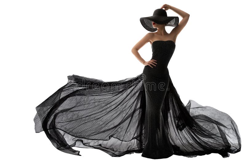 Mujer vestido negro moda. dama elegante en sombrero. modelo silueta en la noche largo vestido negro ondeando en el viento. blanco