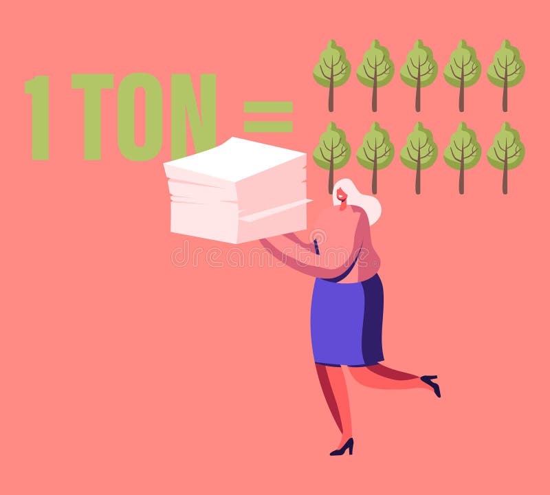 Mujer voluntaria llevar pila de residuos de papel usados y basura para reciclar detener la contaminación y árboles derribo concept ilustración del vector