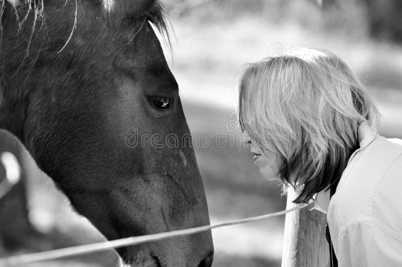 Mujer y caballo cariñosos suaves blancos negros de la dulzura