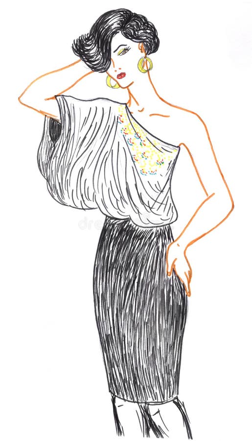 Posing fashionable woman in blouse and skirt, sketch, colored drawing. Posing fashionable woman in blouse and skirt, sketch, colored drawing