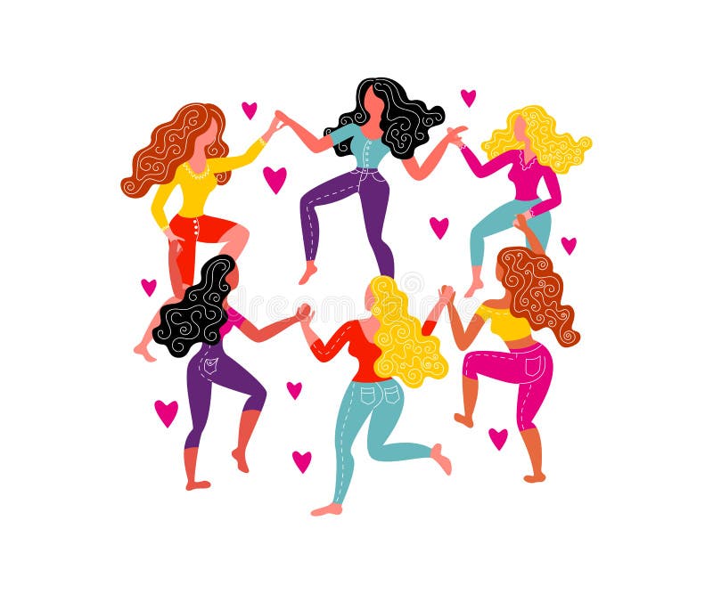 Mujeres alrededor de la danza y de corazones Las mujeres bailan en los círculos, llevando a cabo las manos stock de ilustración Mujeres alrededor de la danza y de corazones Las mujeres bailan en los círculos, llevando a cabo las manos stock de ilustración