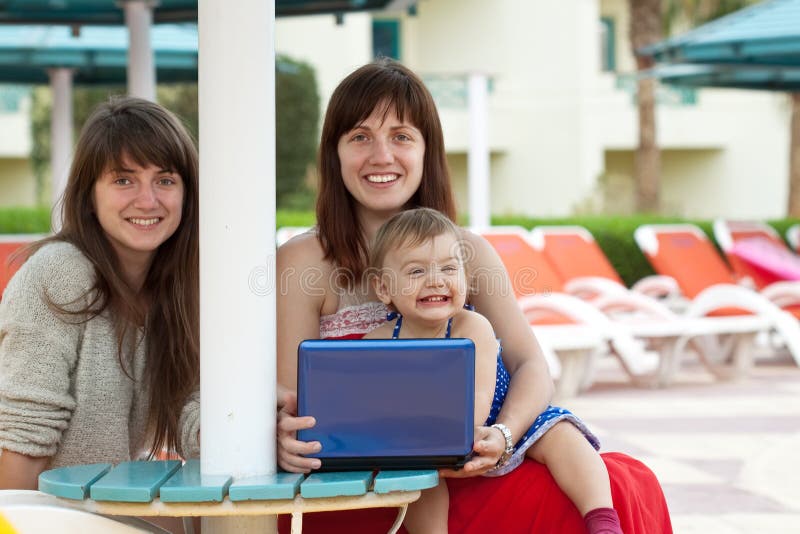 Mujeres felices con la computadora portátil en el hotel de centro turístico