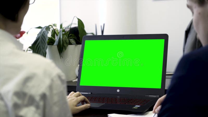 Mujeres jovenes que trabajan en la oficina, sentándose en sillas delante del ordenador con la pantalla verde, vista posterior Dos