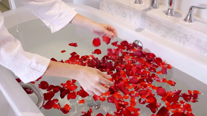 Mujeres manos en albornoz esparciendo pétalos rojos de flores en la bañera