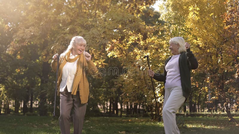 Mujeres mayores divertidas que disfrutan del tiempo, baile y divirtiéndose en parque caliente del otoño imágenes de archivo libres de regalías Mujeres mayores divertidas que disfrutan del tiempo, baile y divirtiéndose en parque caliente del otoño imágenes de archivo libres de regalías